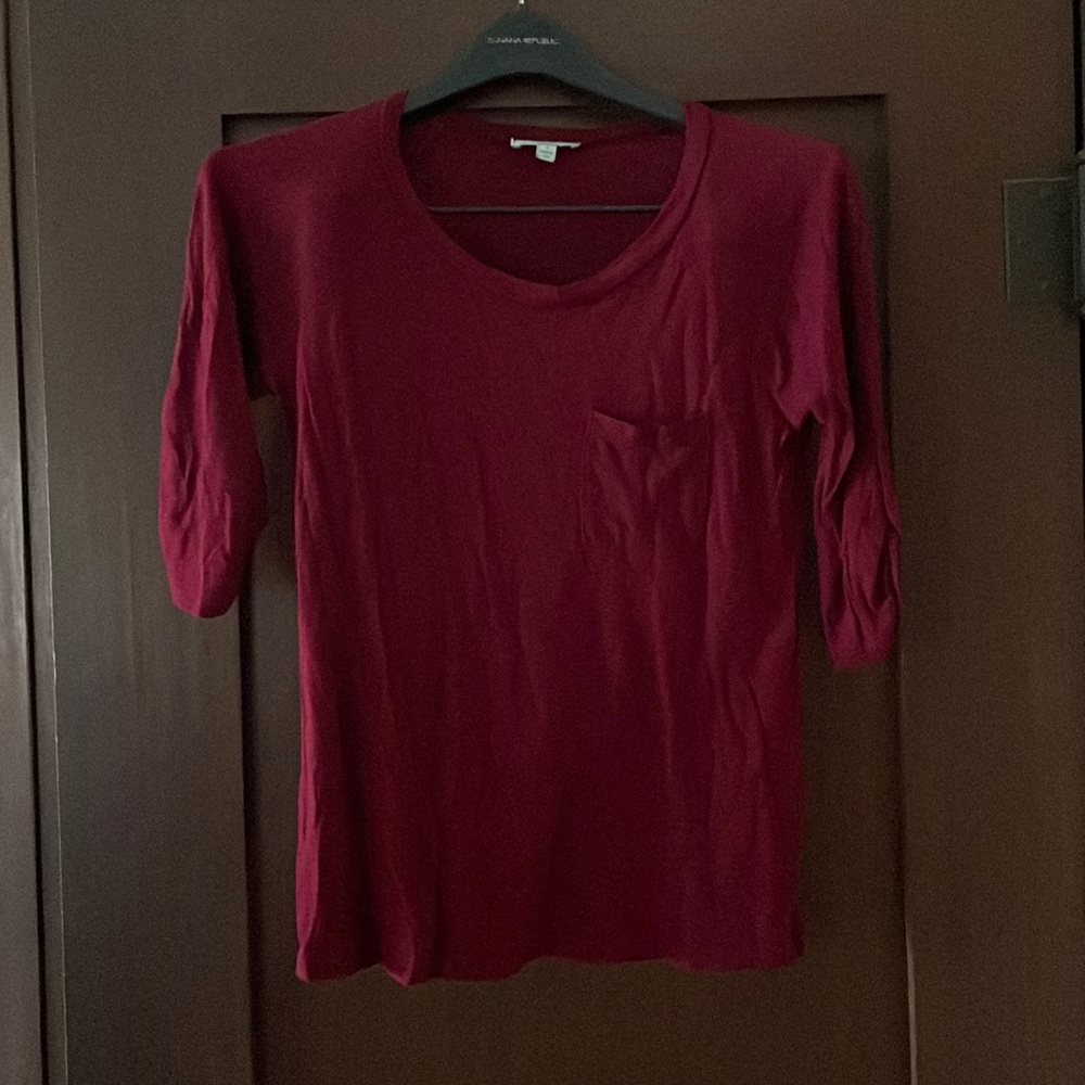Burgundy Elbow Button Sleeve Loose Soft Crew Neck Shirt with Breast Pocket